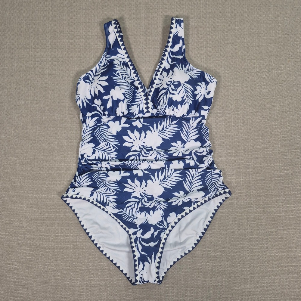 B2PRITY Womens Blue White Floral One Piece Swimsuit Tummy Control Size L New